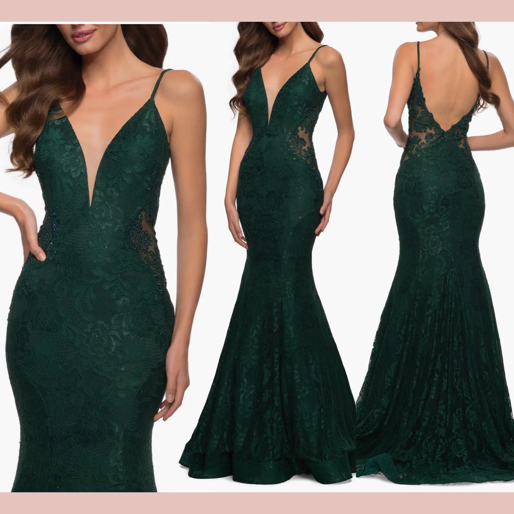 NEW La‎ Femme [ 6 ] Open Back Sleeveless Lace Mermaid Gown Emerald Green #J777